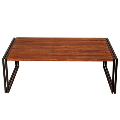 48 Inches Wooden Top Industrial Coffee Table With Metal Sled Base, Brown And Black - Image 0
