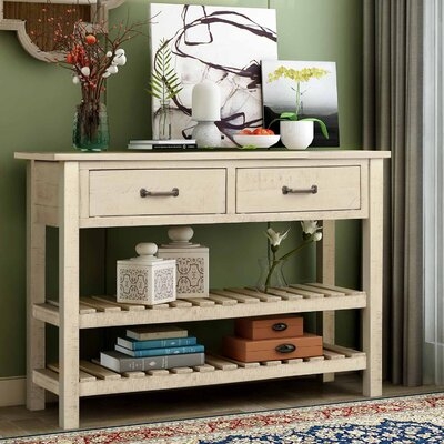 Retro Console Table For Entryway With Drawers And Shelf Living Room Furniture (Antique White) - Image 0