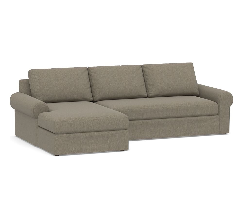 Big Sur Roll Arm Slipcovered Right Arm Loveseat with Chaise Sectional and Bench Cushion, Down Blend Wrapped Cushions, Chenille Basketweave Taupe - Image 0