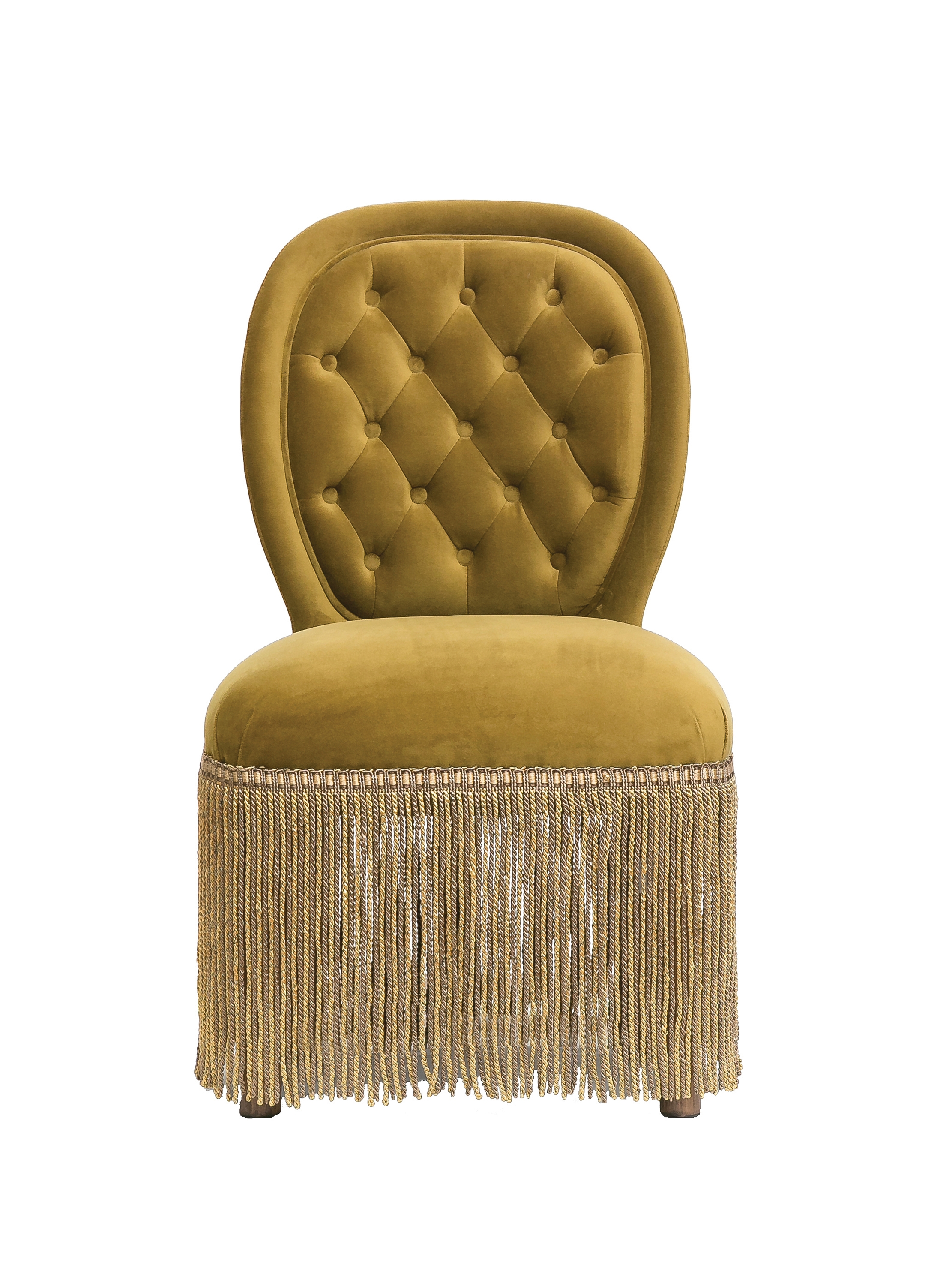 Armless Vintage Reproduction Velvet Chair with Tufted Back, Fringe Base & Wood Frame - Image 0