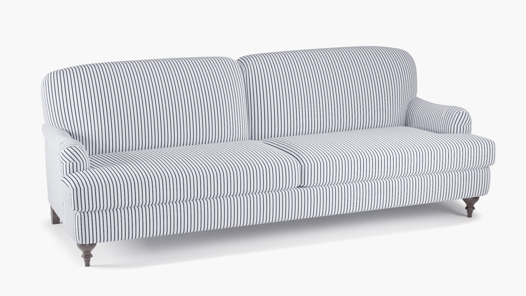English Roll Arm Sofa, Navy Classic Ticking Stripe, Espresso Turned Wood Leg - Image 1