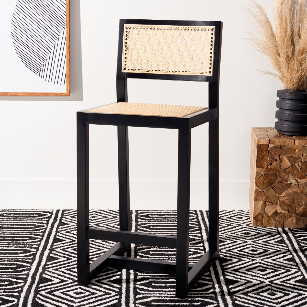 Seika Rattan Counter Stool - Black / Natural - Safavieh - Image 1