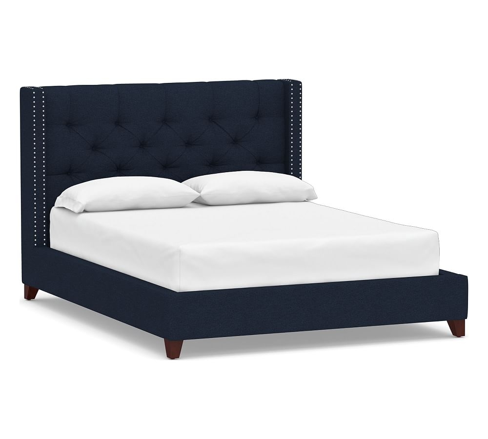 Harper Tufted Upholstered Low Bed with Pewter Nailheads, California King, Performance Heathered Basketweave Navy - Image 0
