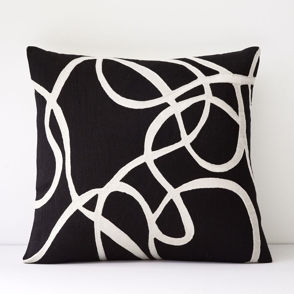 Crewel Rope Pillow Cover, Black, 18"x18" - Image 0