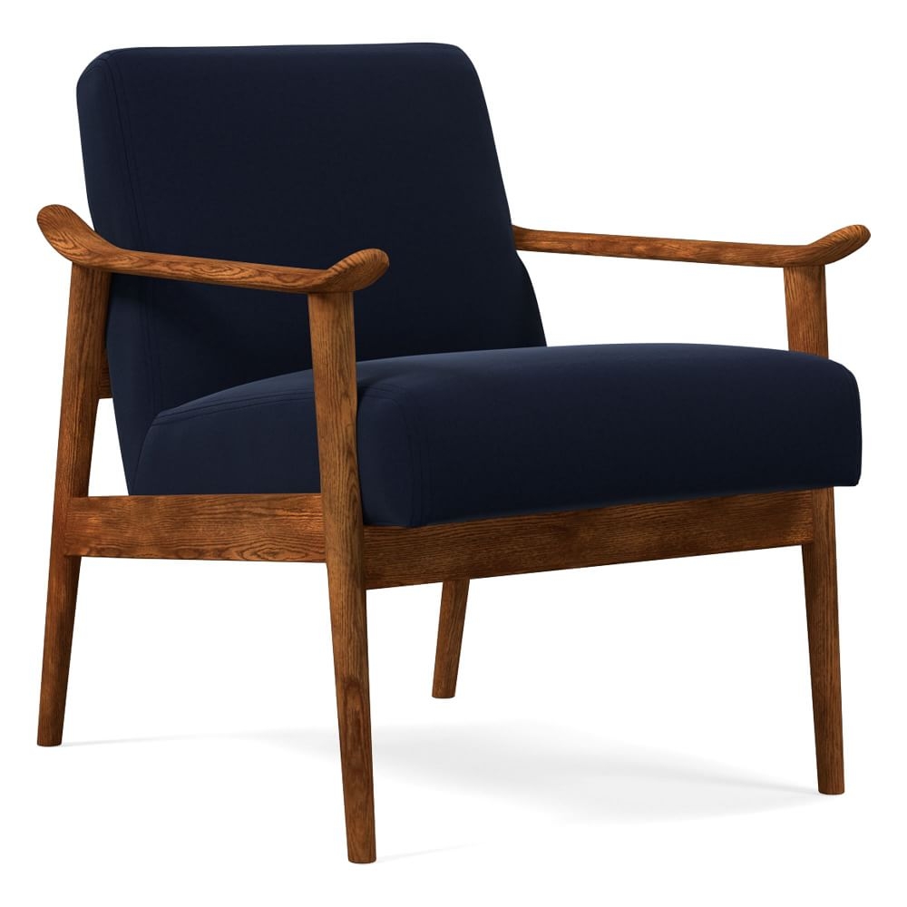 Midcentury Show Wood Chair, Poly, Distressed Velvet, Ink Blue, Pecan - Image 0