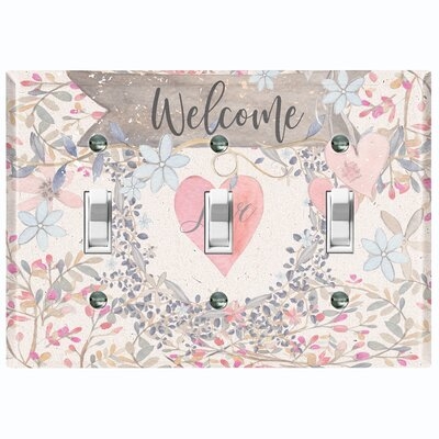 Metal Light Switch Plate Outlet Cover (Welcome Flower Love Heart - Triple Toggle) - Image 0