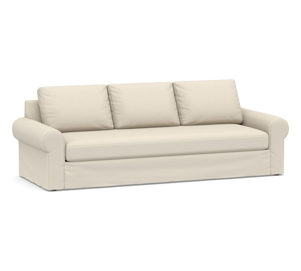 Big Sur Roll Arm Slipcovered Grand Sofa with Bench Cushion, Down Blend Wrapped Cushions, Performance Brushed Basketweave Ivory - Image 0