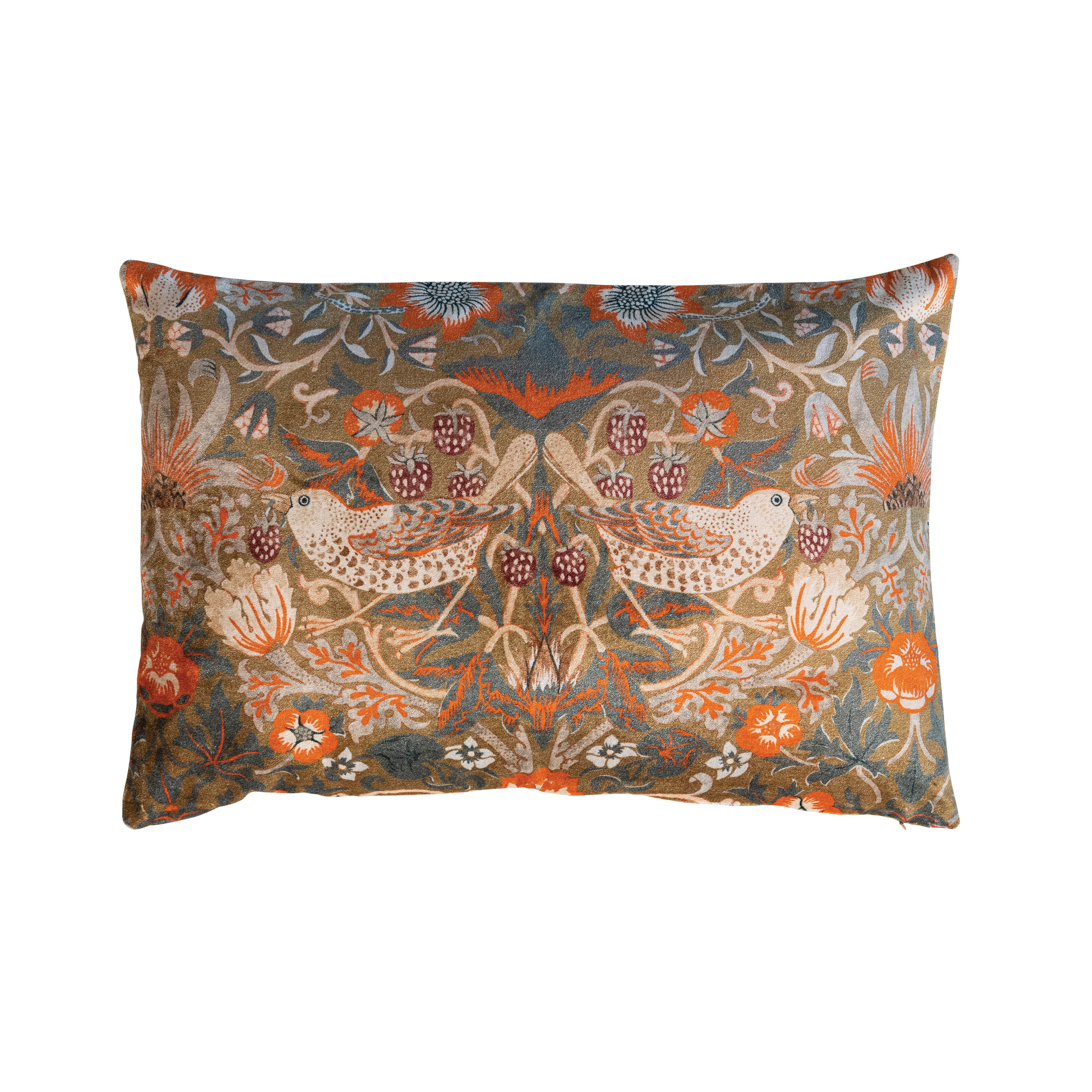 Cotton Velvet Birds and Flowers Lumbar Pillow, Multicolor - Image 0