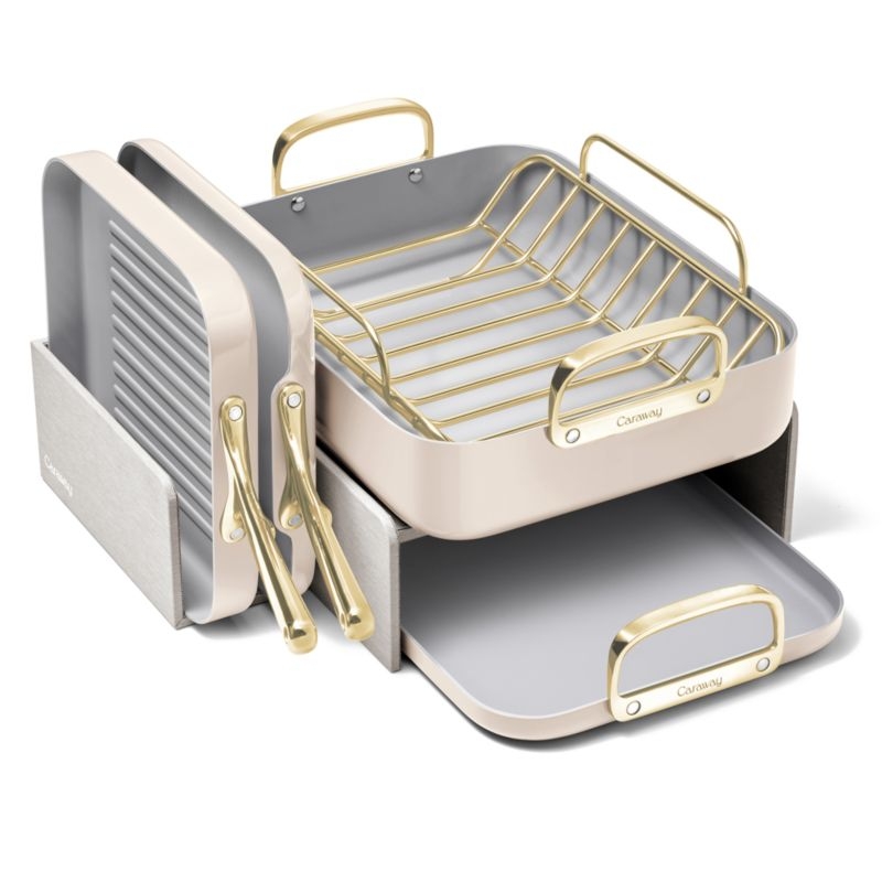 Caraway ® Cream Ceramic Non-Stick 5-Piece Cookware Set with Gold Hardware - Image 5