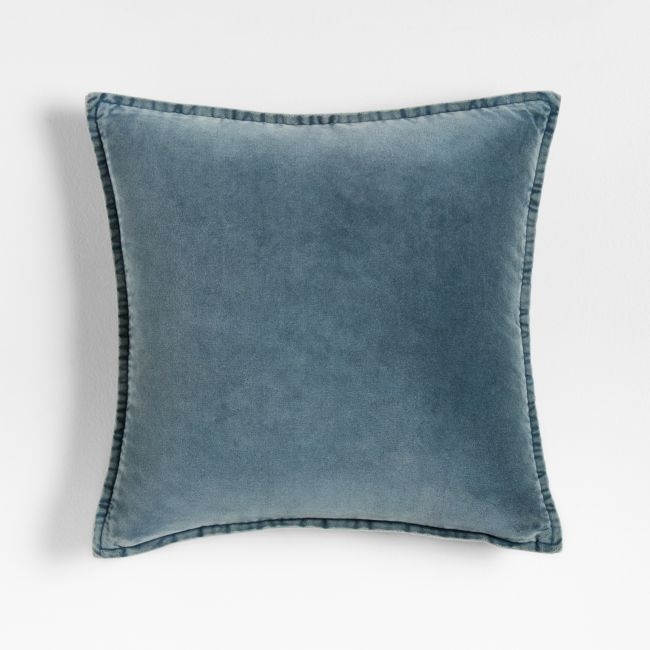 Relaxed Washed Organic Cotton Velvet 20x20 Teal Blue Throw Pillow with Down-Alternative Insert - Image 0