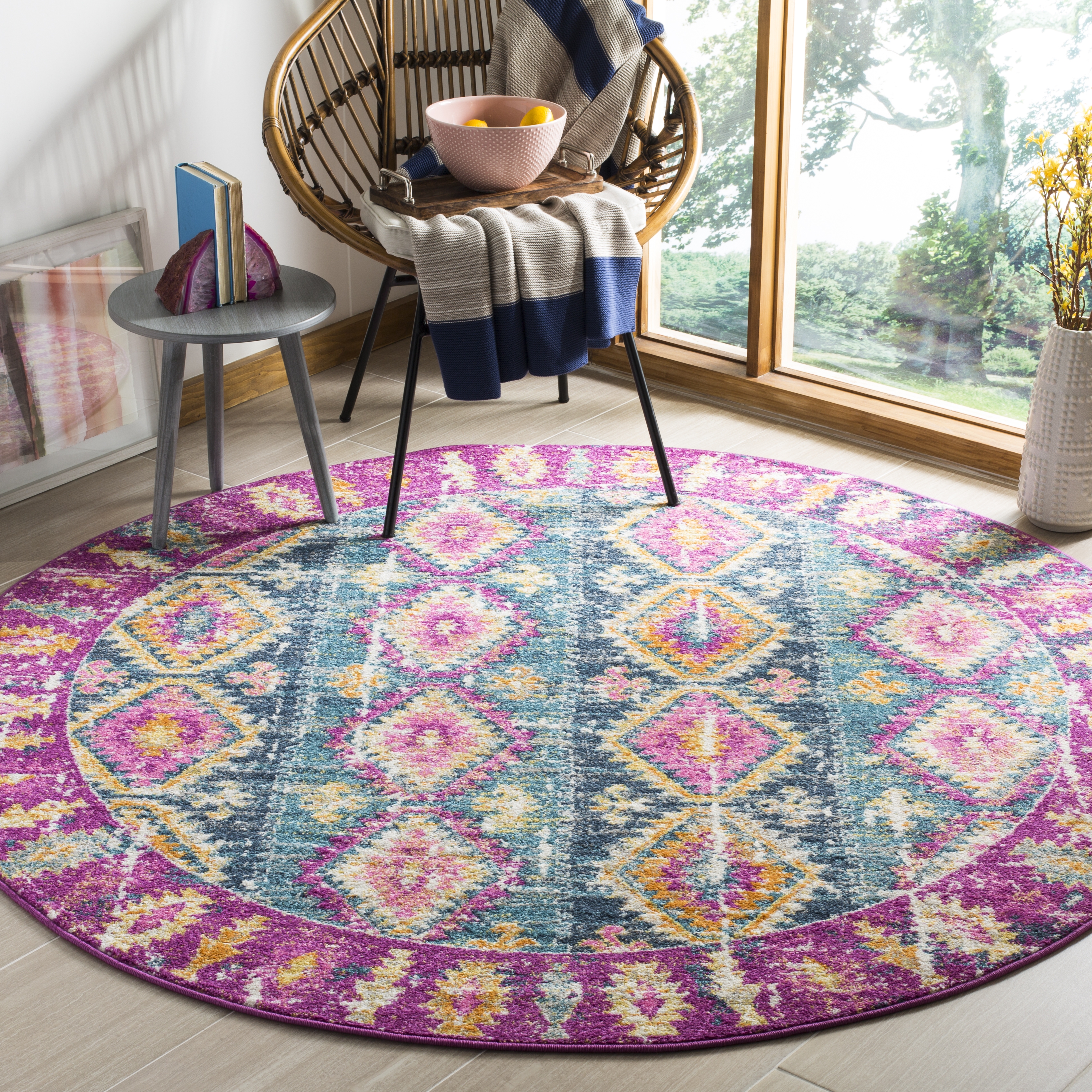 Arlo Home Woven Area Rug, MAD129F, Fuchsia/Blue,  6' 7" X 6' 7" Round - Image 1