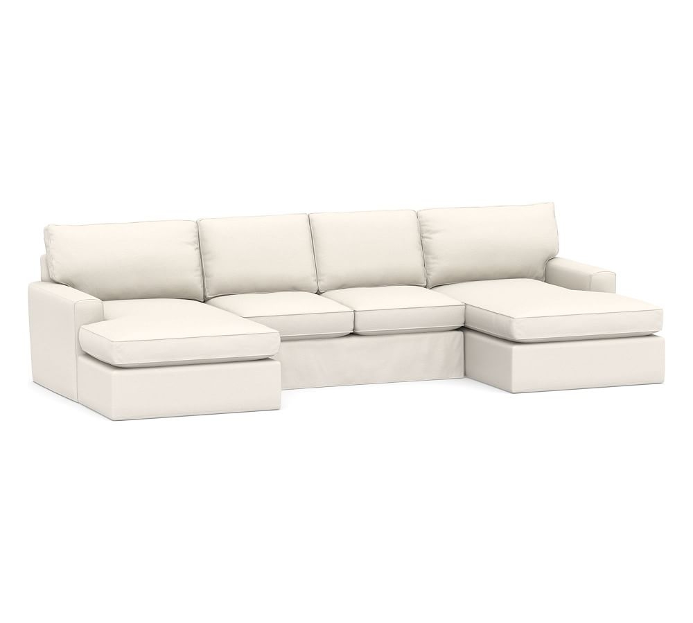 Pearce Square Arm Slipcovered U-Wide Chaise Loveseat Sectional, Down Blend Wrapped Cushions, Performance Chateau Basketweave Ivory - Image 0