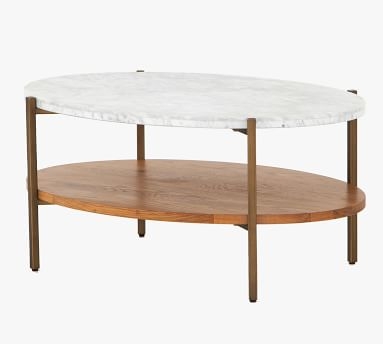 Modern Marble Oval Coffee Table, Natural Oak & Golden Brass - Image 1
