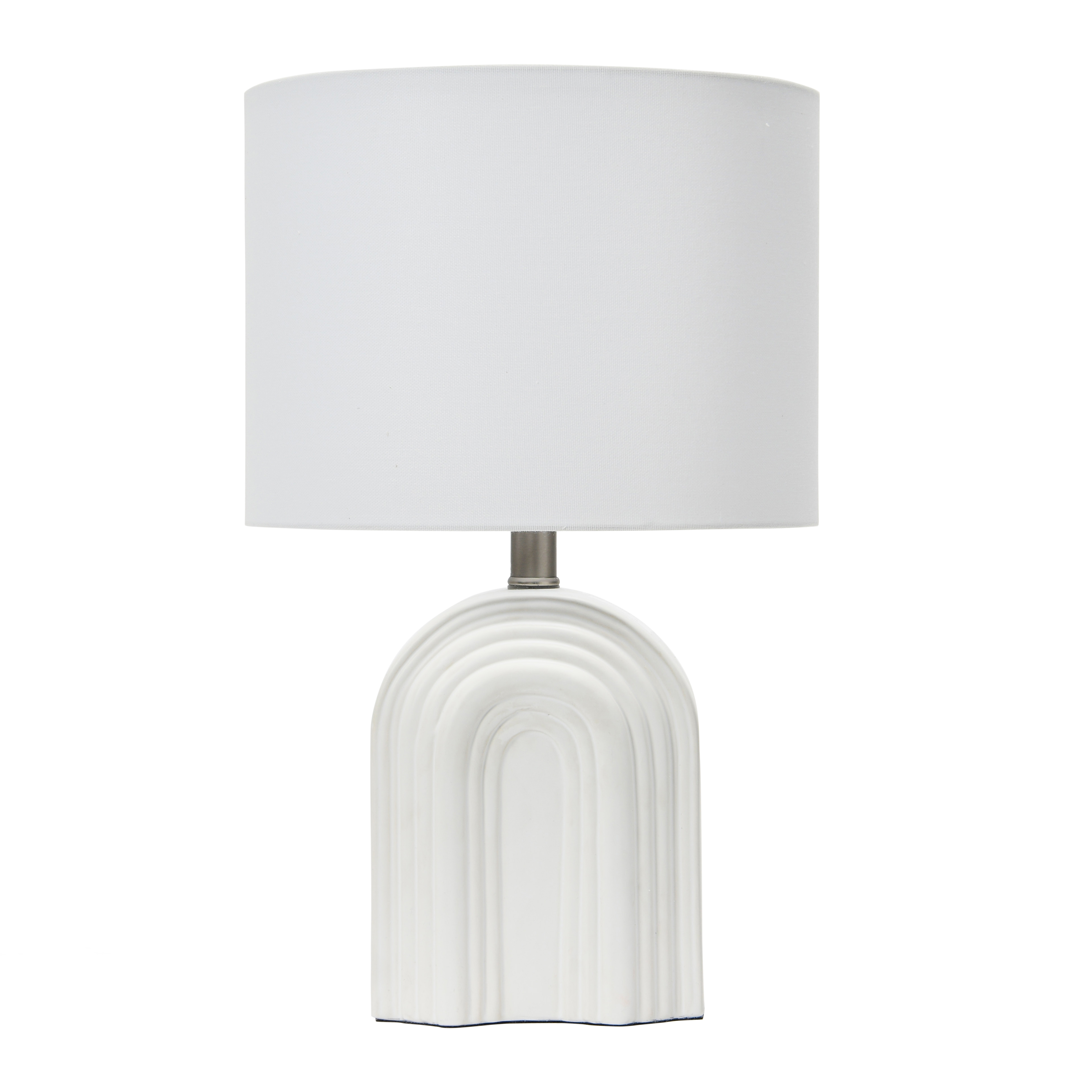 Carved Arch Stoneware Table Lamp with Linen Drum Shade, White - Image 0