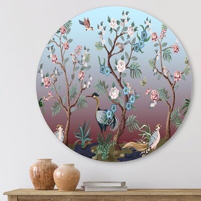 Chinoiserie With Birds And Peonies XI - Traditional Metal Circle Wall Art - Image 0