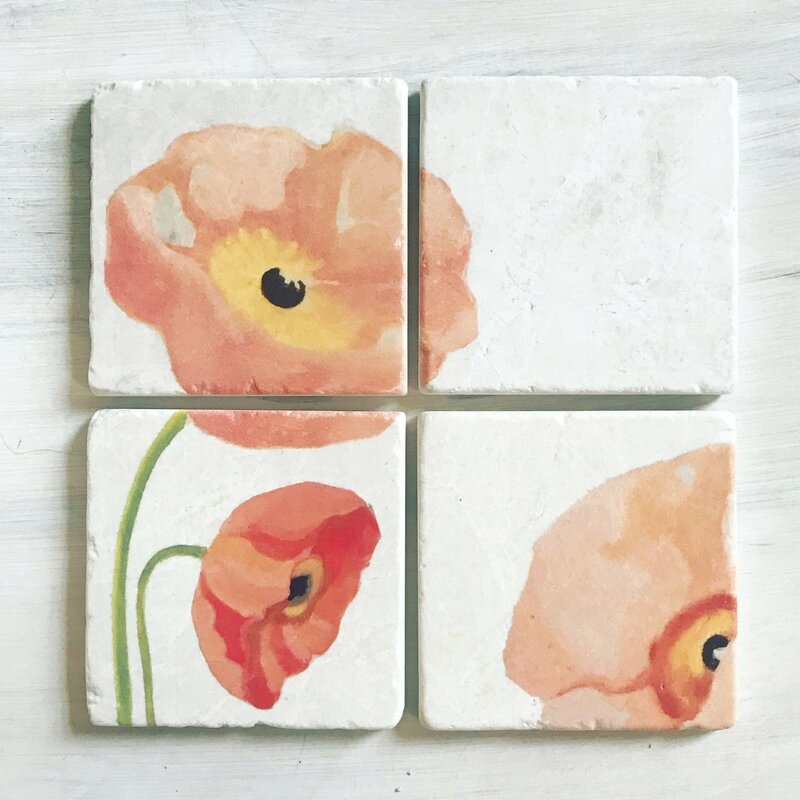 India & Purry Peach Poppies Marble Coaster Set - Image 0
