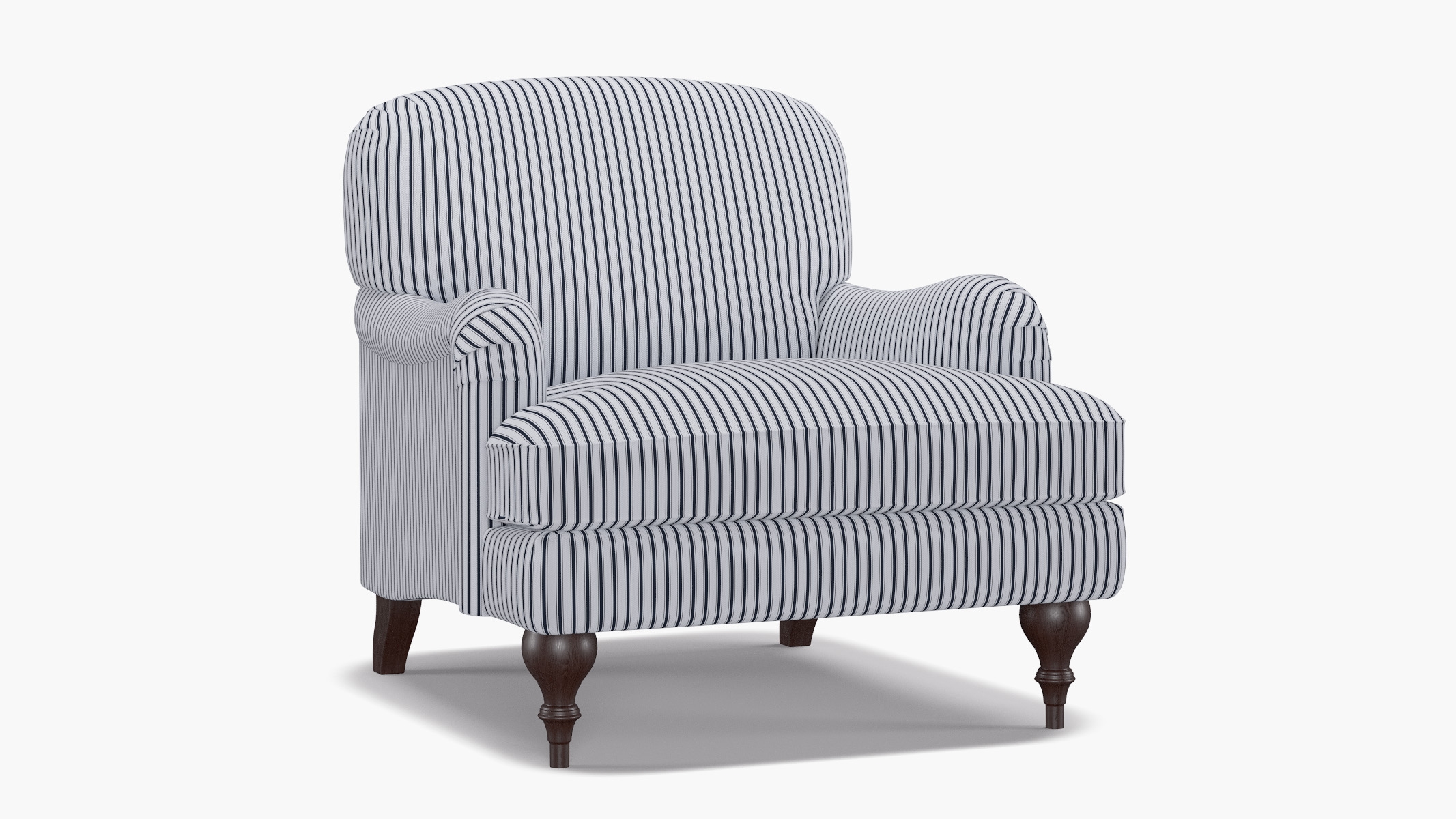 English Roll Arm Chair, Navy Classic Ticking Stripe, Espresso Turned Wood Leg - Image 1