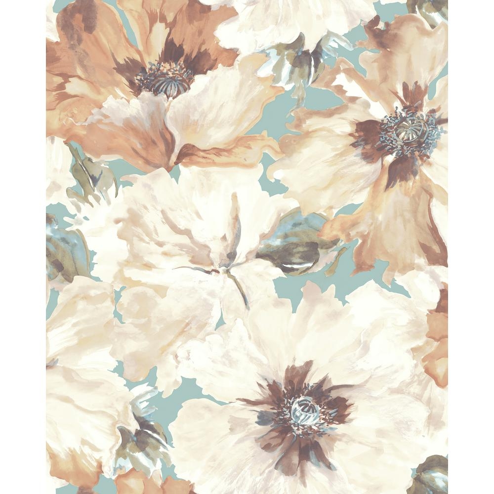 Seabrook Designs Cecita Bisque, Ivory, and Metallic Sky Blue Watercolor Floral Wallpaper, Bisque/ Ivory/ and Metallic Sky Blue - Image 0