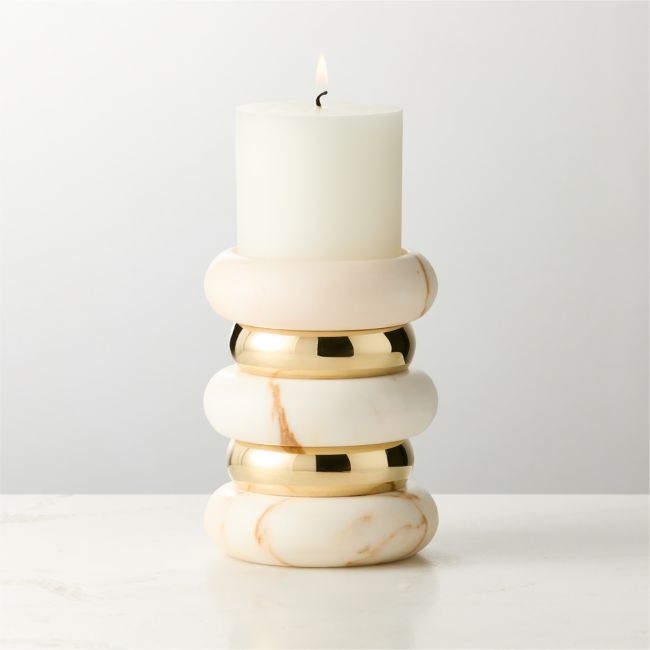 Band Golden Calacatta Marble And Unlacquered Brass Pillar Candle Holder Small - Image 0