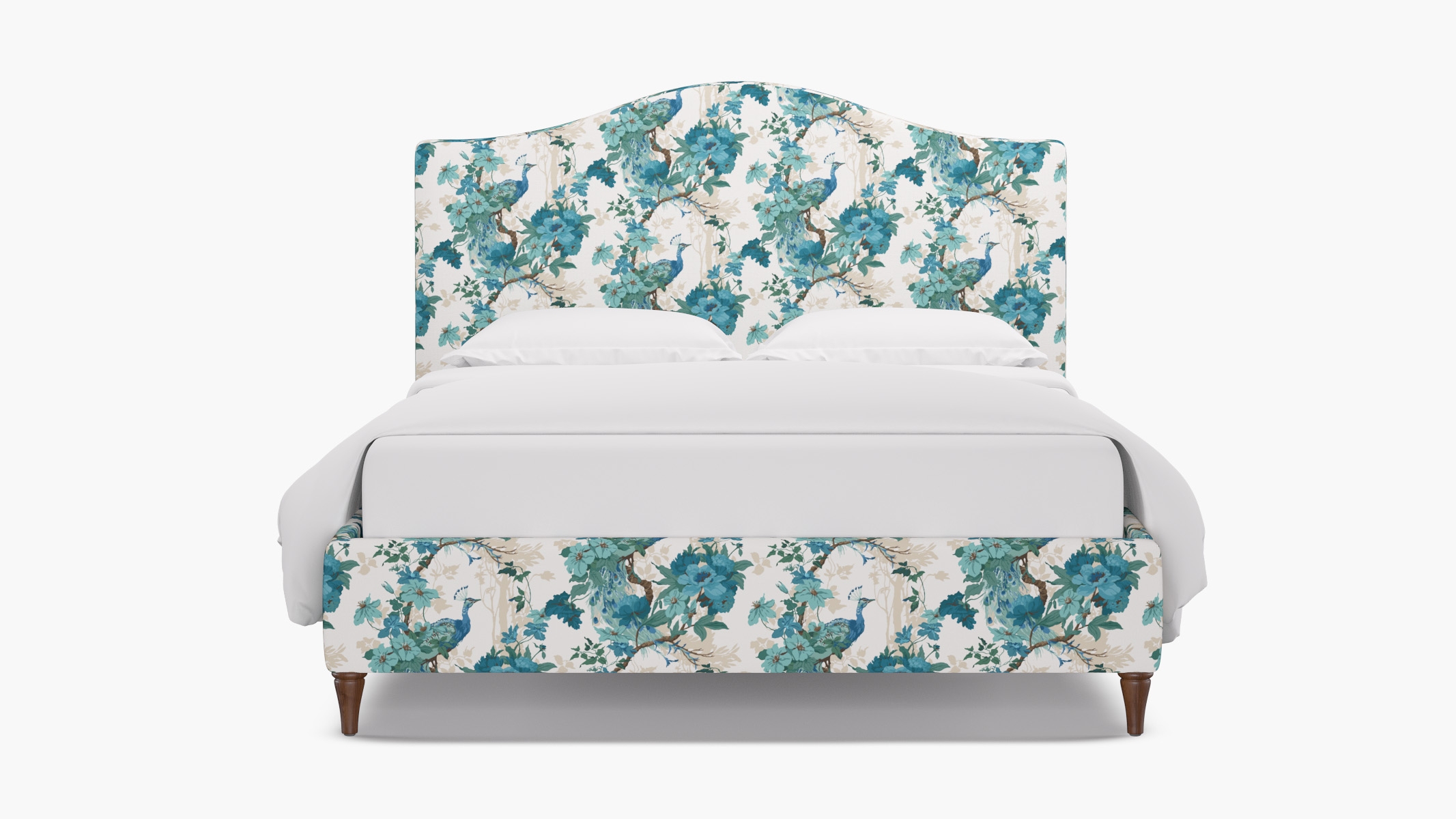 Camelback Bed, Turquoise Peacock Park, Walnut Decorative Tapered Leg, King - Image 0