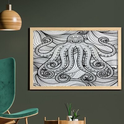 Ambesonne Octopus Wall Art With Frame, Kraken Octopus In The Sea Mandala Style Pattern Tentacles Marine, Printed Fabric Poster For Bathroom Living Room Dorms, 35" X 23", Black White - Image 0