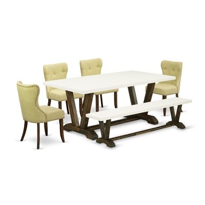 SI_6_6Pc Dining Set- 4 Parson Chairs With Blue Linen Fabric Seat - Rectangular Kitchen Table And Bench - - Image 0