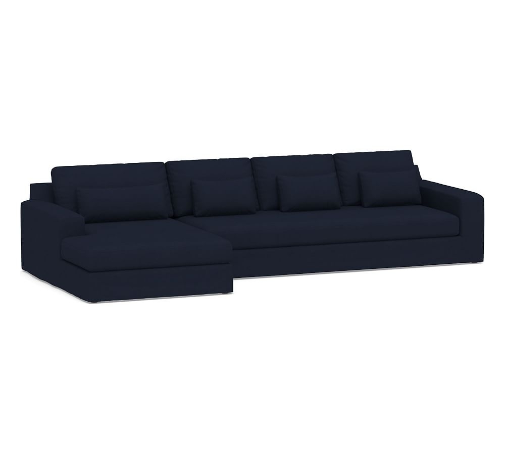 Big Sur Square Arm Slipcovered Deep Seat Right Arm Grand Sofa with Wide Chaise Sectional and Bench Cushion, Down Blend Wrapped Cushions, Twill Cadet Navy - Image 0