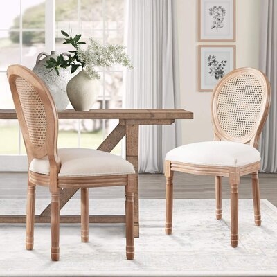 French Retro Dining Chair Set, Upholstered Accent Makeup Chair, Mid Century Fabric Side Chairs, Farmhouse Distressed Wood Chairs With Cane Mesh Round Back For Bedroom, Dining Room, Living Room, Kitchen, Set Of 2 - Image 0