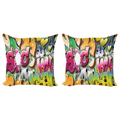 Ambesonne Urban Graffiti Throw Pillow Cushion Cover Pack Of 2, Throwie Style Wall Graffiti Of Bubble Letters Partially Overlapping Words, Zippered Double-Side Digital Print Decor, 18", Multicolor - Image 0