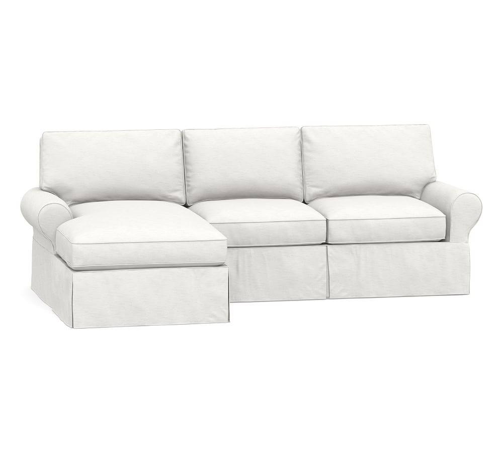 PB Basic Slipcovered Right Arm Sofa with Chaise Sectional, Polyester Wrapped Cushions, Performance Slub Cotton White - Image 0