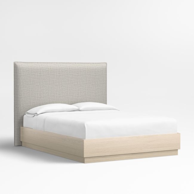Arvada 54" Mist Grey Upholstered Queen Headboard with Batten White Oak Bed Base - Image 0