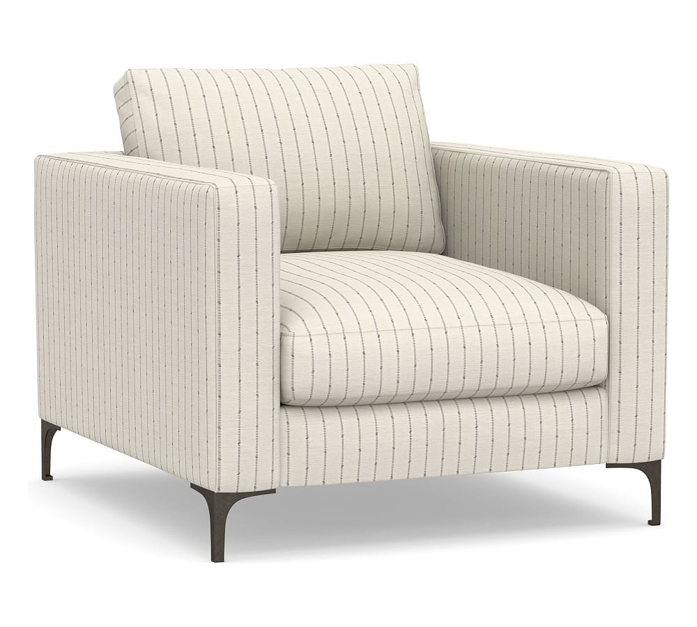 Jake Upholstered Armchair with Bronze Legs, Polyester Wrapped Cushions, Slubby Pinstripe Oatmeal - Image 0