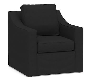 Cameron Slope Arm Slipcovered Armchair, Polyester Wrapped Cushions, Textured Basketweave Black - Image 0