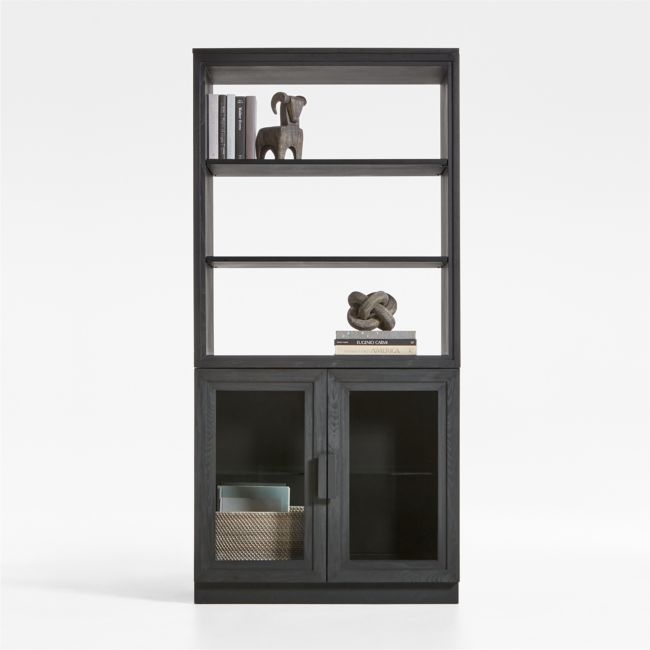 Calypso Black Elm Wood Modular Glass-Door Base and Bookshelf Hutch - Image 0