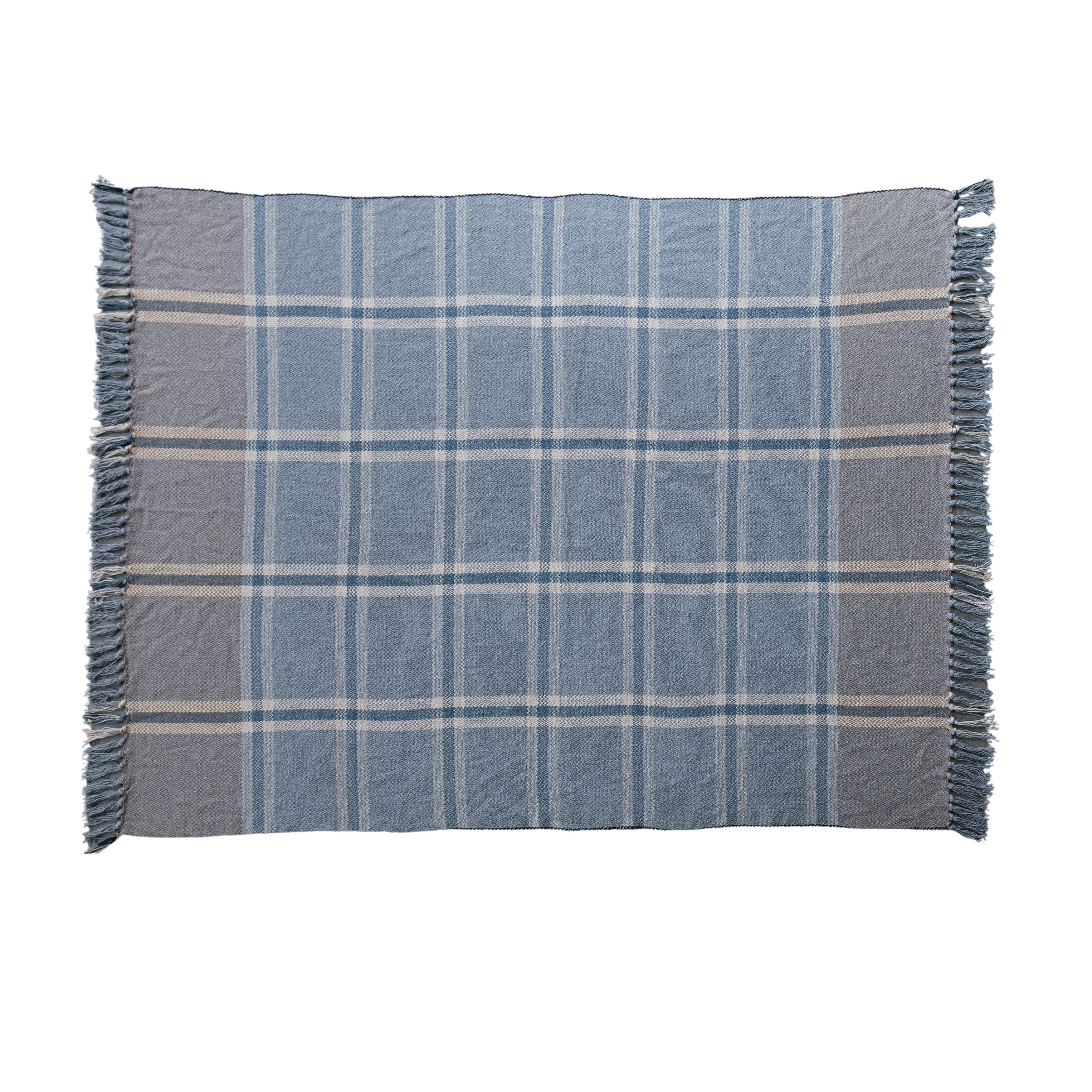 Plaid Cotton Blend Throw with Fringe, Blue - Image 0