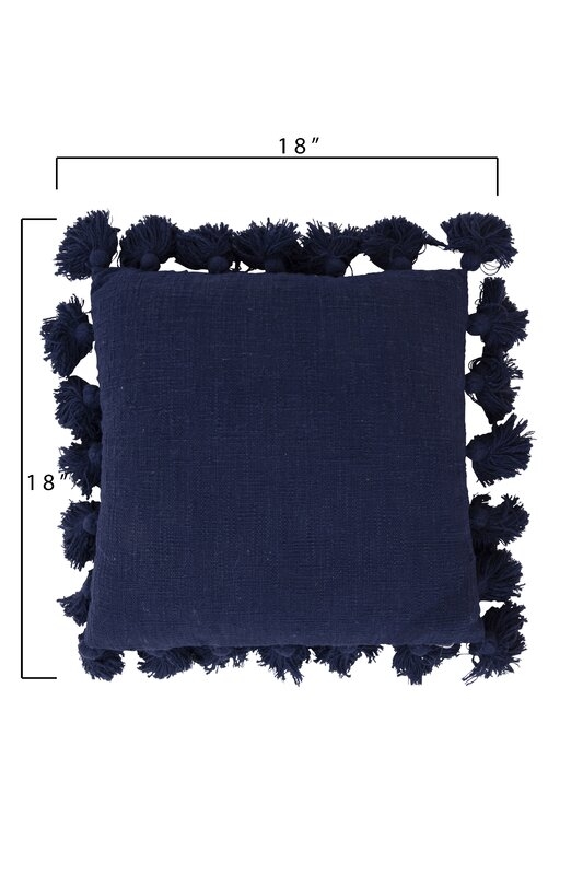 Square Cotton Pillow with Tassels, Navy Blue, 18" x 18" - Image 3