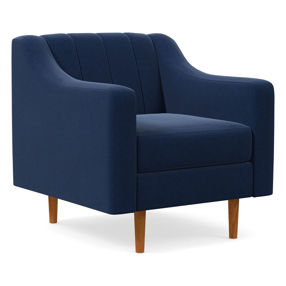 Olive Channel Back Swoop Arm Chair, Poly, Performance Velvet, Ink Blue, Pecan - Image 0