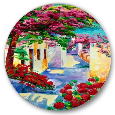 Colorful Traditional Santorini Houses - Nautical & Coastal Metal Circle Wall Art - Image 0