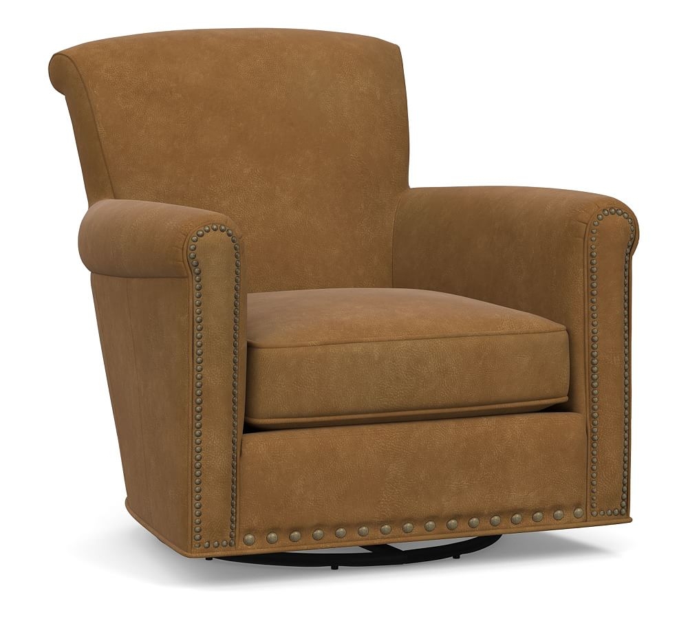 Irving Roll Arm Leather Swivel Glider, Bronze Nailheads, Polyester Wrapped Cushions, Nubuck Camel - Image 0