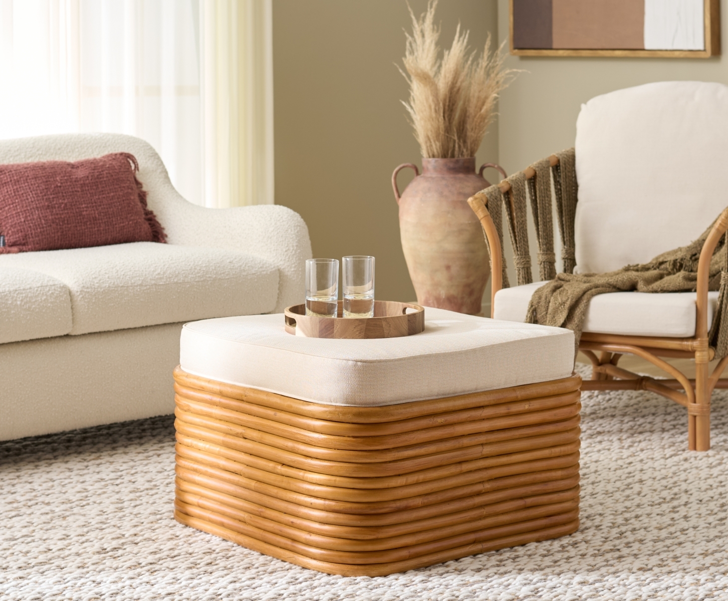 Flanders Rattan Pole Ottoman - Natural / White - Image 1