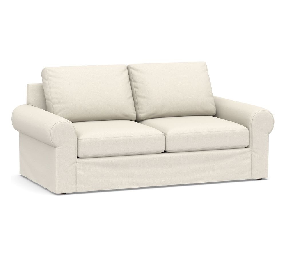 Big Sur Roll Arm Slipcovered Loveseat 77", Down Blend Wrapped Cushions, Performance Heathered Tweed Ivory - Image 0