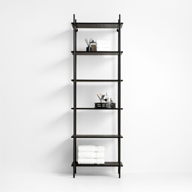 Petra Black Oak Wood and Metal Narrow Wall-Mounted Bookcase - Image 0