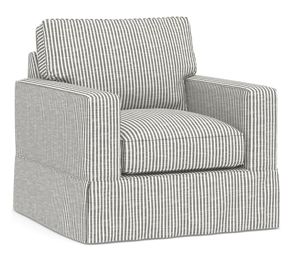 PB Comfort Square Arm Upholstered Swivel Armchair, Box Edge Down Blend Wrapped Cushions, Classic Stripe Charcoal - Image 0