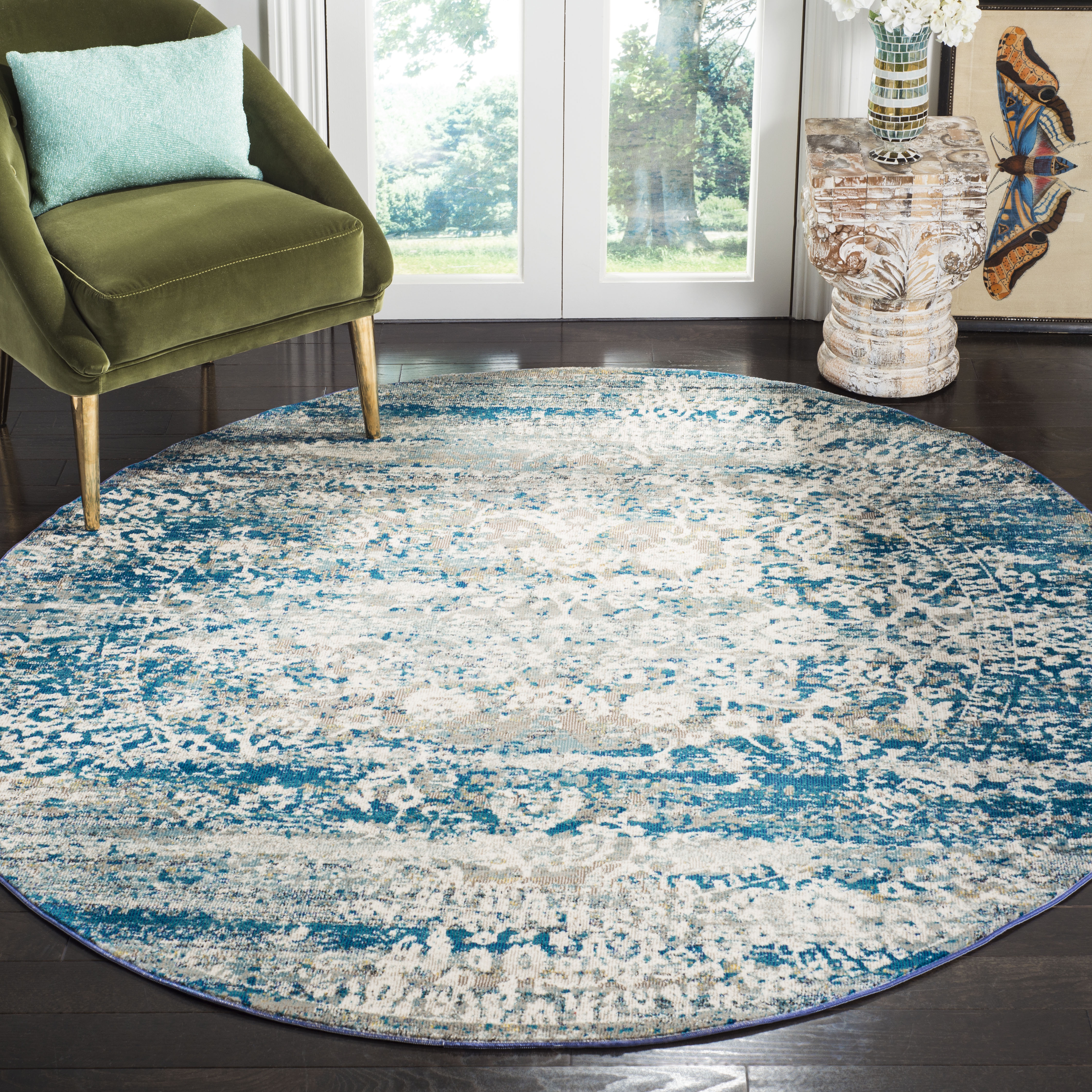Arlo Home Woven Area Rug, ARA156B, Blue/Cream,  6' 5" X 6' 5" Round - Image 1
