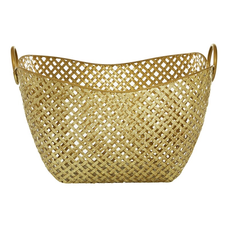 Gold Metal Woven Inspired Storage Basket with Handles 17" x 13" x 11" - Image 3