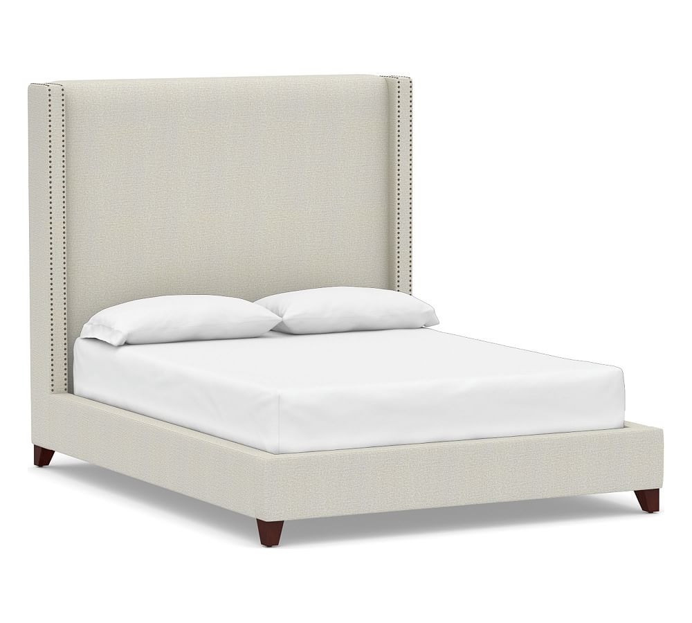 Harper Non-Tufted Upholstered Tall Bed with Bronze Nailheads, Full, Performance Heathered Basketweave Dove - Image 0