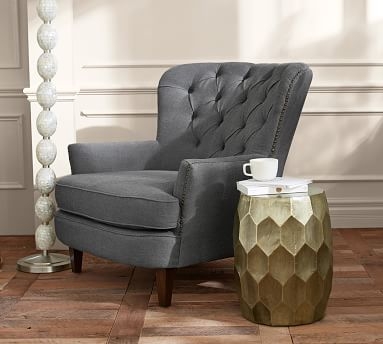 Cardiff Tufted Upholstered Armchair with Nailheads, Polyester Wrapped Cushions, Performance Heathered Basketweave Platinum - Image 2
