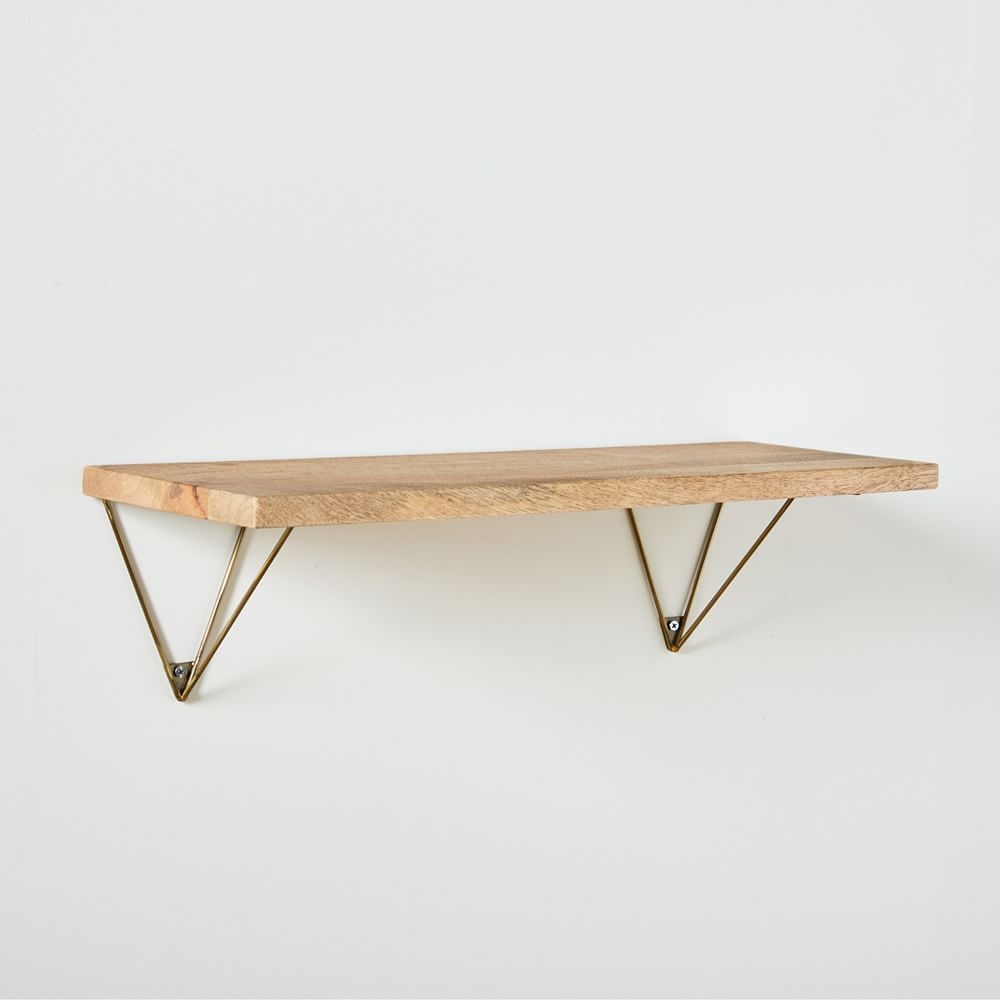 Linear Raw Mango Wood Shelf 2FT, Prism Brackets, Antique Brass - Image 0