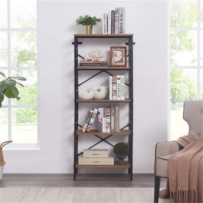 Industrial Open Bookcase, 5-Tier Tall Bookshelf Storage Display Rack For Home Office, Rustic Brown - Image 0