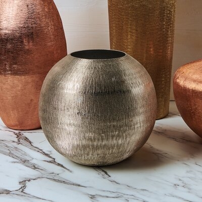 Round Silver Textured Decorative Metal Vase - Image 0